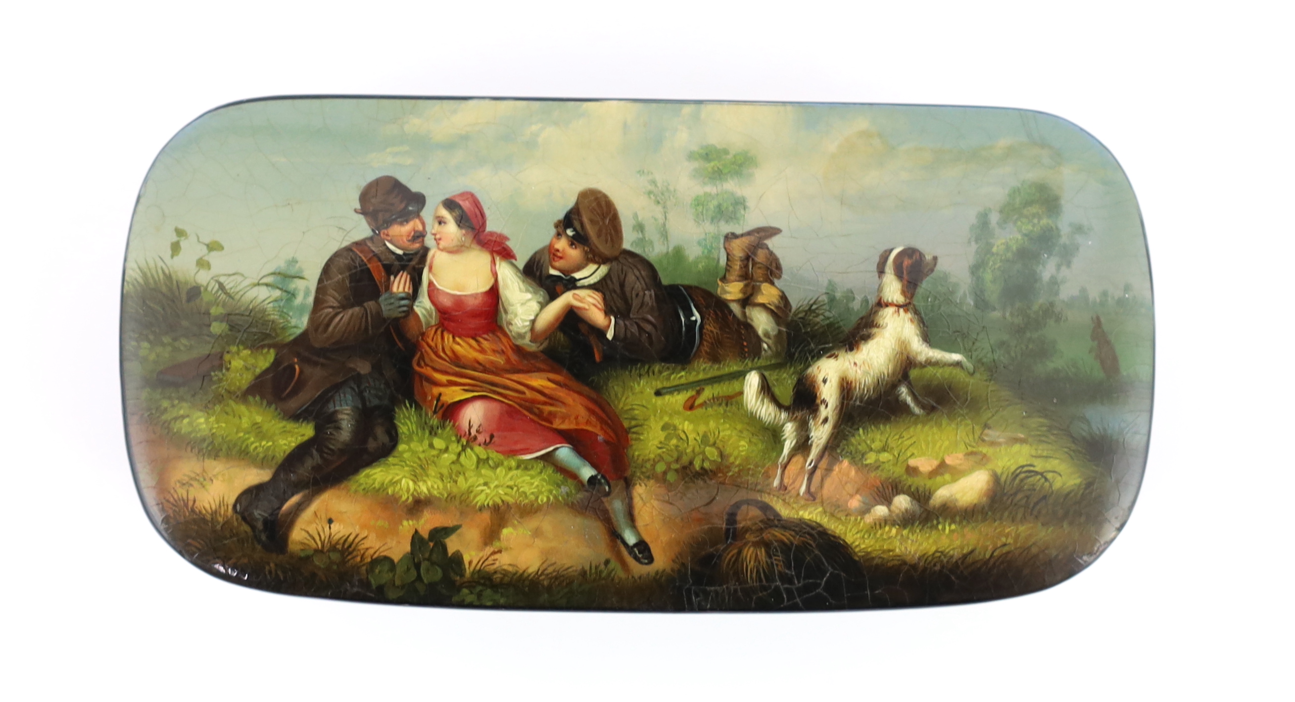 A fine Russian lacquer ‘Girl with admirers’ snuff box, by Lukutin, c.1840